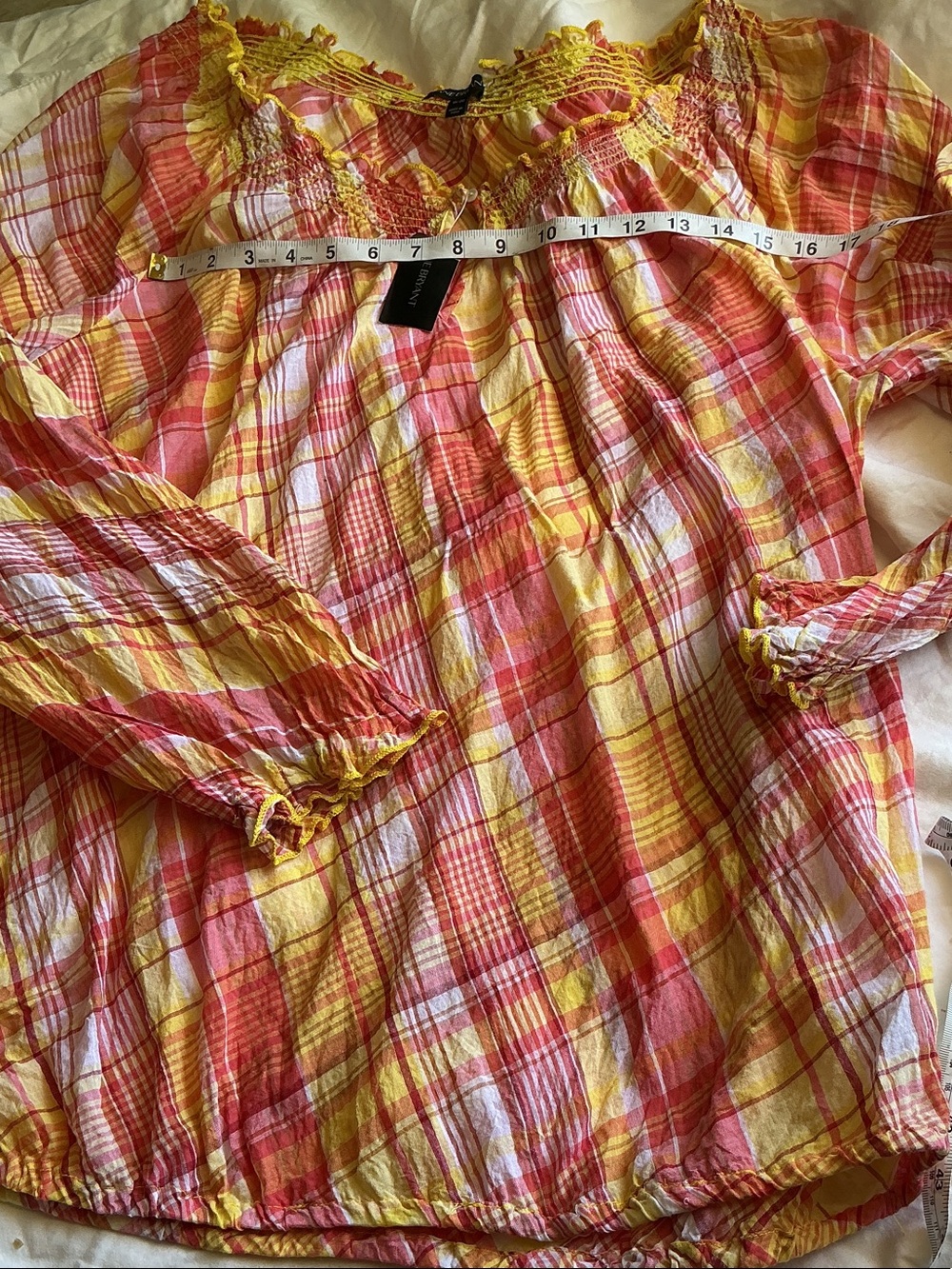 Lane Bryant Yellow & Coral Plaid Peasant Blouse - Picture 8 of 11